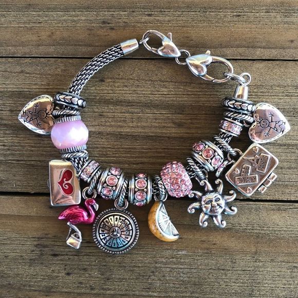 Brighton Pink & Silver Plated Slide Charm Bracelet 17 Charms! EUC - Picture 1 of 14